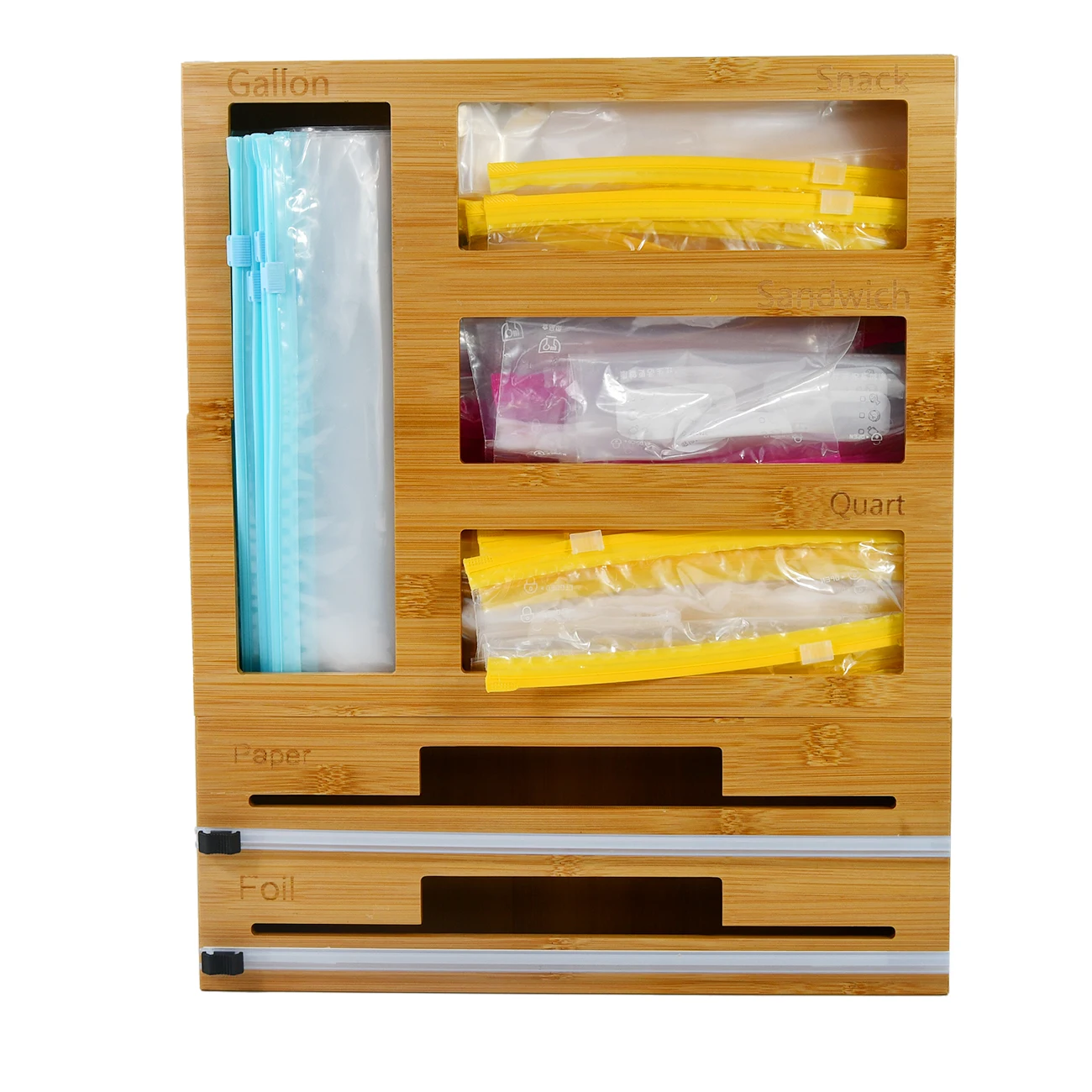 6 in 1 Zip Lock Bag Storage Organizer Box Bamboo Wood Film Wrap Aluminum Foil Dispenser with Cutter Wall Mount
