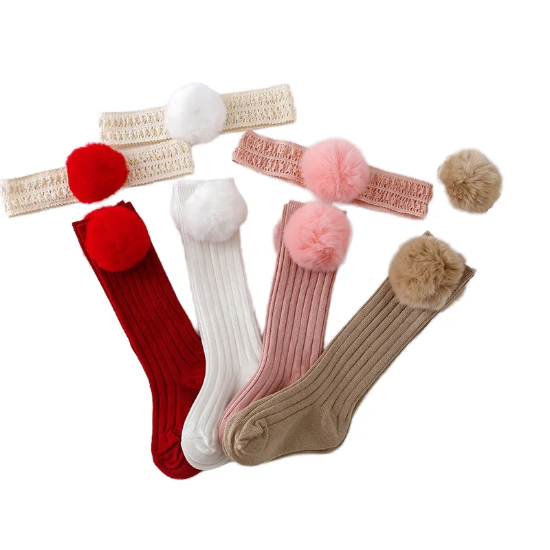 Autumn and winter new mid-length socks sweet solid color hairball socks for girls headband set