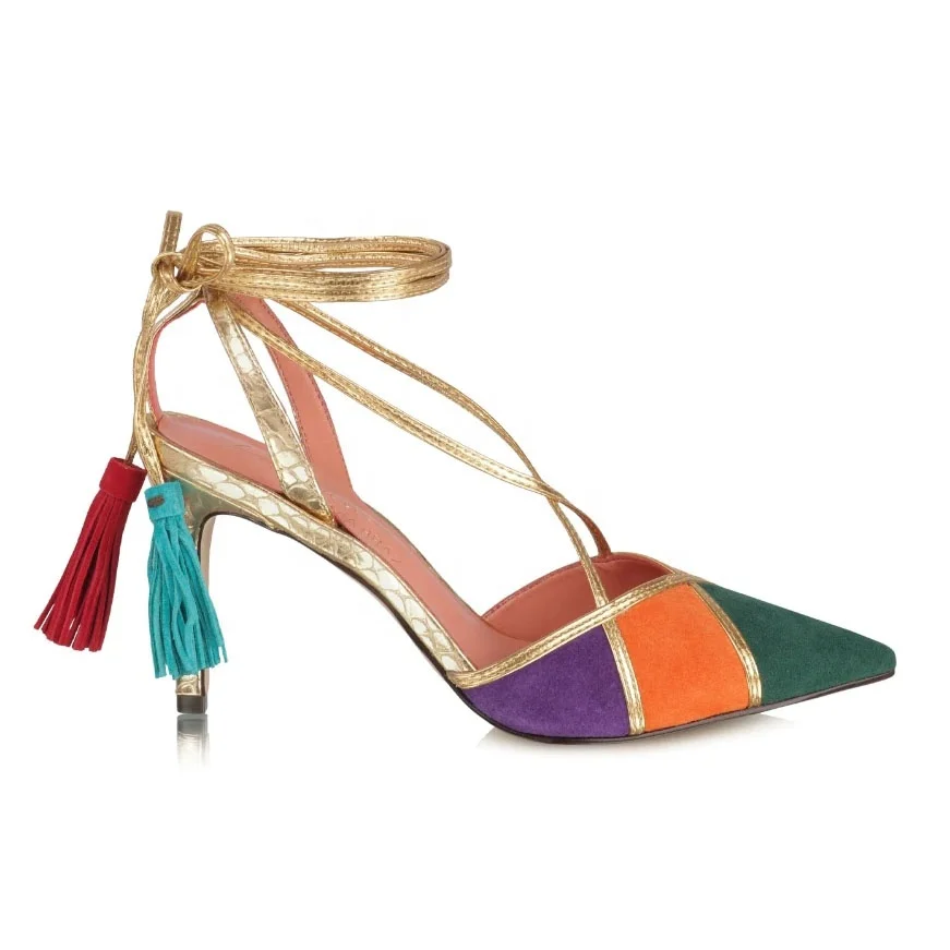 Anmairon Designer Shoes New Styles Of 2021 Metallic Pu Suede Leather Color Matching Pointed Toe Tassel Lace Up Women Dress Shoes