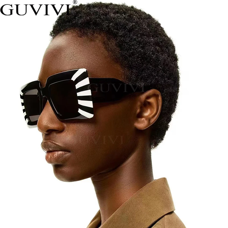 Vintage Oversized Square Stripe Frame For Women New Luxury Brand Oversized Zebra Print Sun Glasses Men Wide Leg Shades