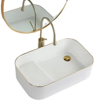 Factory gold luxury semi recess cabinet bathroom face ceramic single handle rose gold counter top bathroom basin