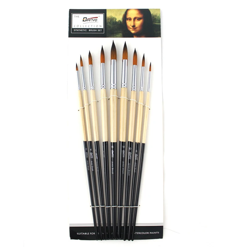 9Pcs/Set Nylon Hair Watercolor Paint Brush  Set Different Shape  With Wood Handle