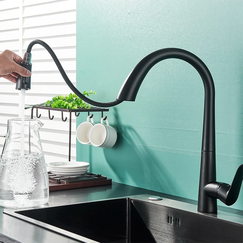 Black Kitchen Faucet Two Function Single Handle Pull Out Mixer Hot and Cold Water Taps Deck Mounted 360 Rotation Mixer Tap