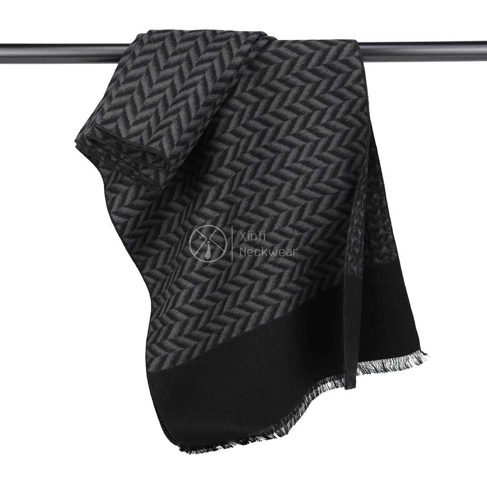 Black Grey Custom Herringbone Basket Weave Pattern Men Scarf Designer Viscose Long Winter Scarves