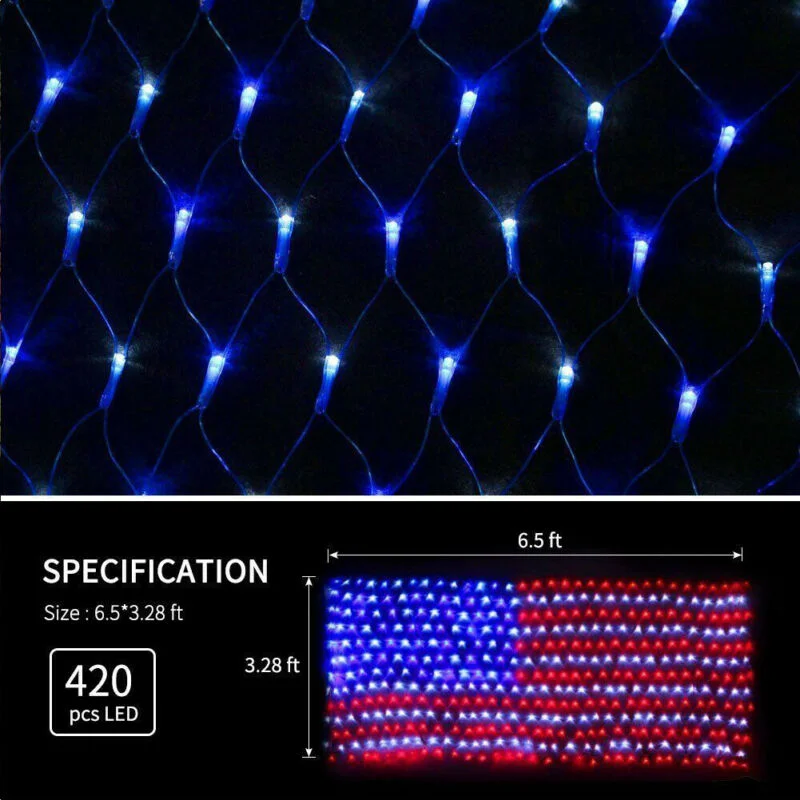 Hot Sell 2 x1M 110V American Flag Net Light with 420 LED Waterproof Led Flag Net Light for Yard Garden Decoration