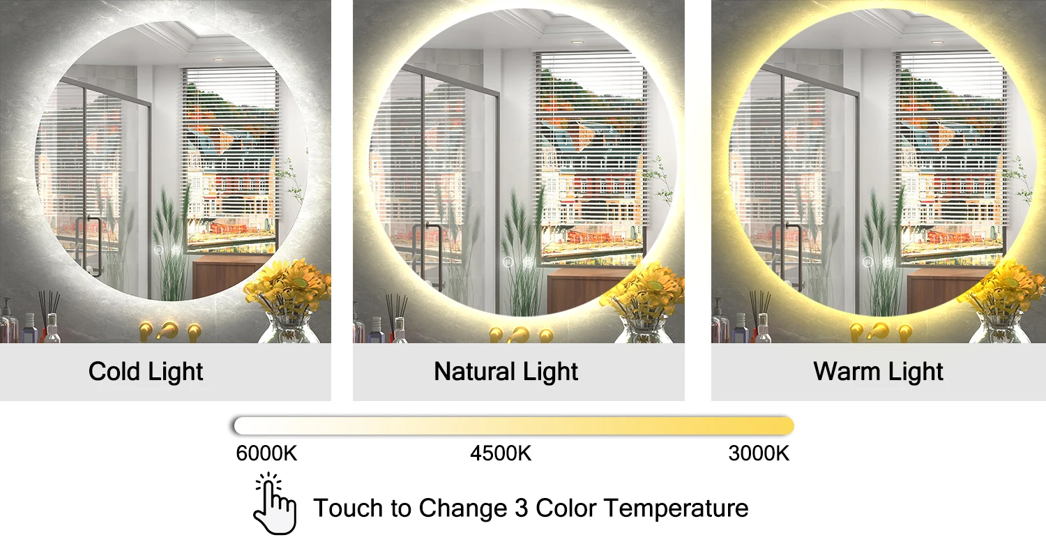 Factory High Quality Modern Circle Defogging Touch Screen Smart LED Mirror for Bathroom Vanity Makeup Decorative LED Mirror