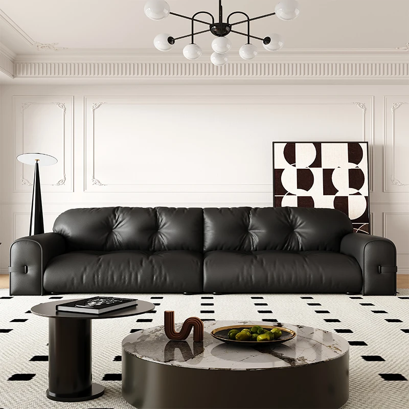 SUKE Luxury American style Pure Black genuine Leather sofa Set Retro modular Straight Row sectional couch Living Room Sofas