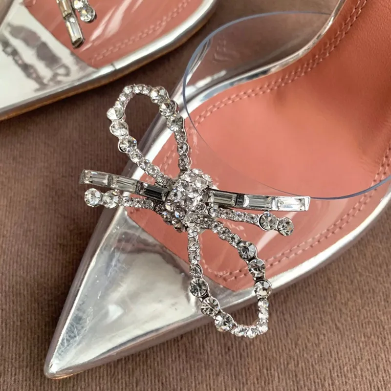 Rhinestone Bowknot Pointed Sandals Female Fairy Wind Net Red Crystal Transparent Rhinestone High Heels Stiletto Heels