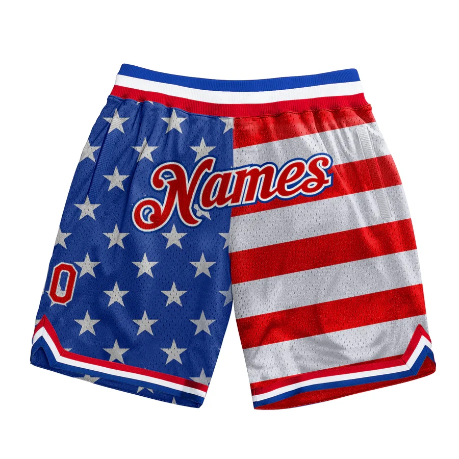 Customized Royal Red-White Basketball Short Sports OEM Manufacture 3D Pattern Design American Flag Authentic Basketball Shorts