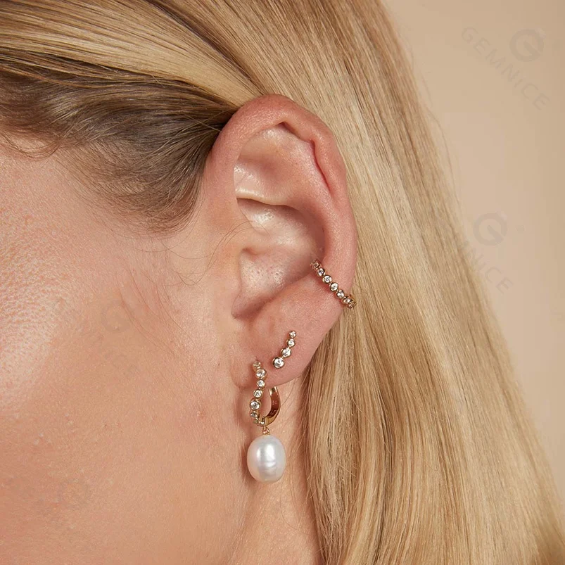 Gemnel 18k gold water wave crystal huggie twisted hoop drop freshwater pearl charm earring