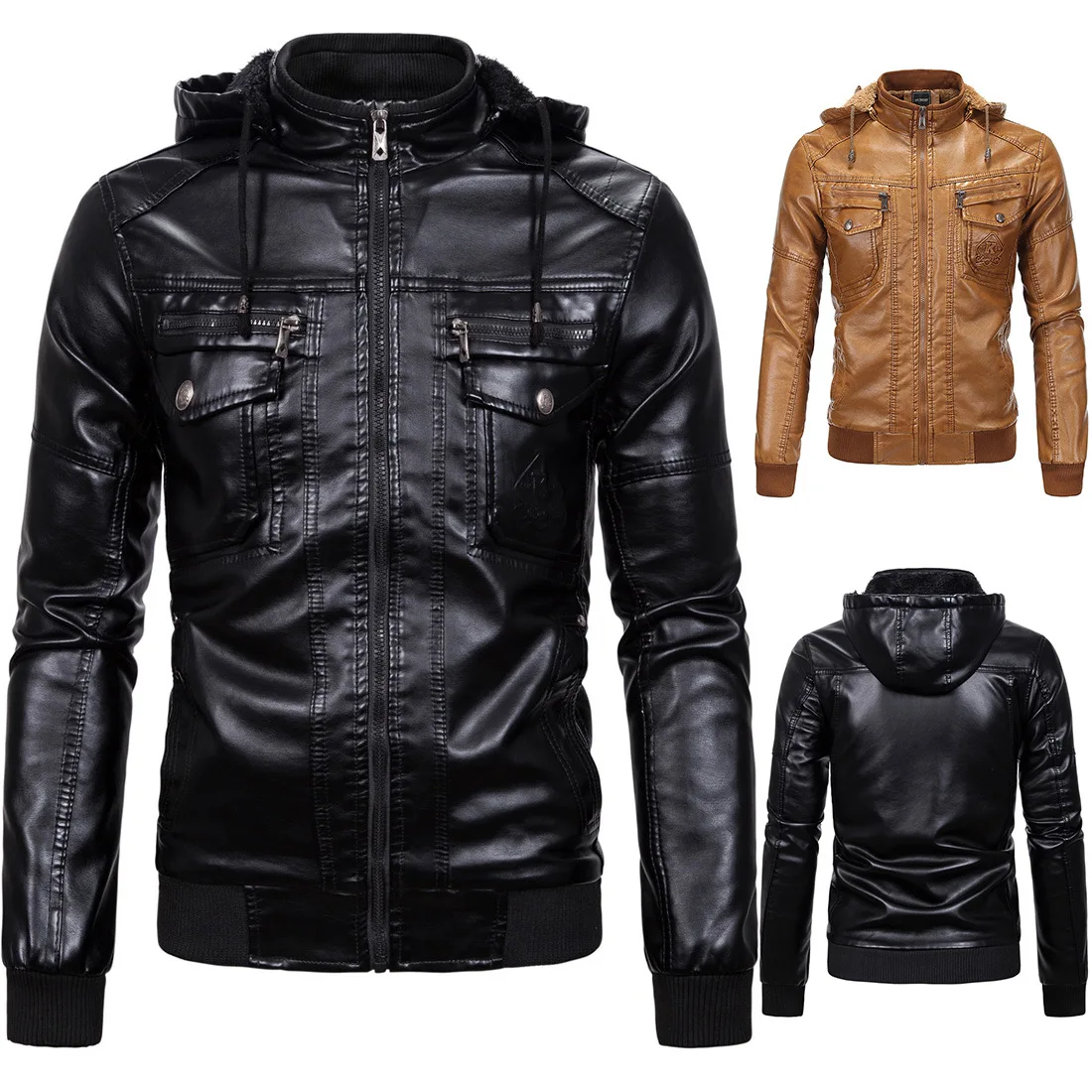 
European size Men PU fur sheepskin hooded Velvet PU Leather coat with wholesale price 