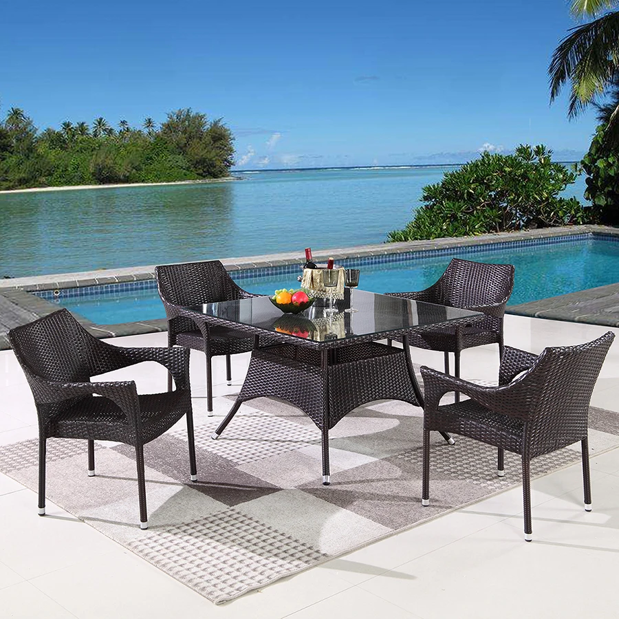 all weather garden outdoor furniture black patio tempered glass dining table and chairs sets
