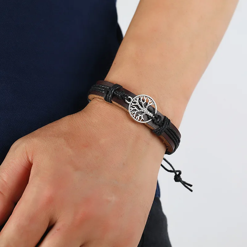 B01909 Handmade Leather Bracelet Vintage Style Braided Tree Life Charm Men Women Teen Boys Girls Adjustable Wrap Wristband Gift