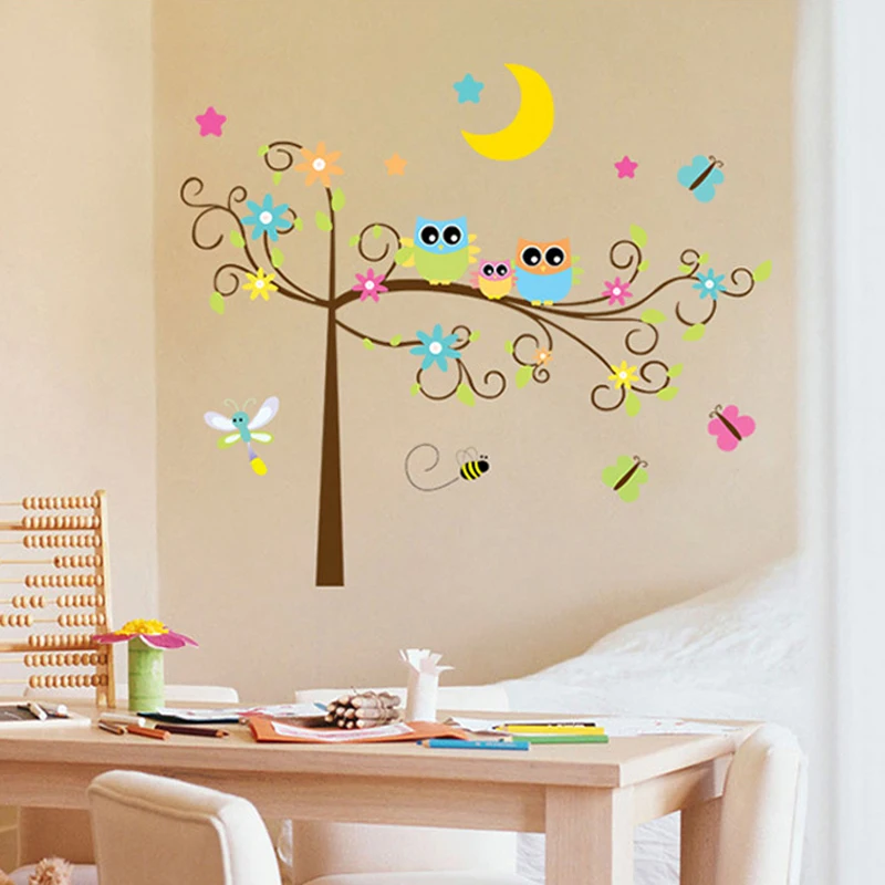Removable colorful sweet owl on the tree kindergarten wall stickers
