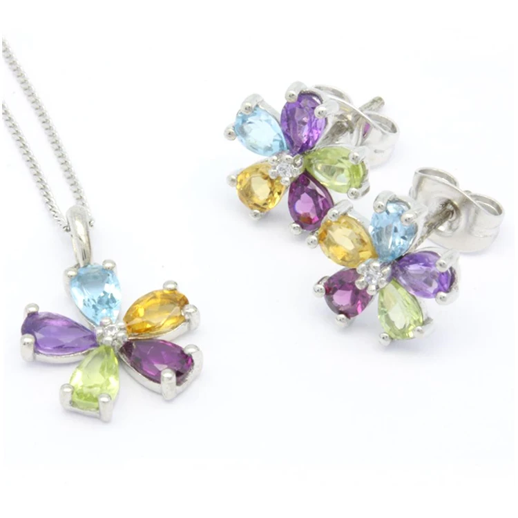 18K 14K 9K White Gold Luxury Flower diamond colorful earrings  jewelry set gift For lady