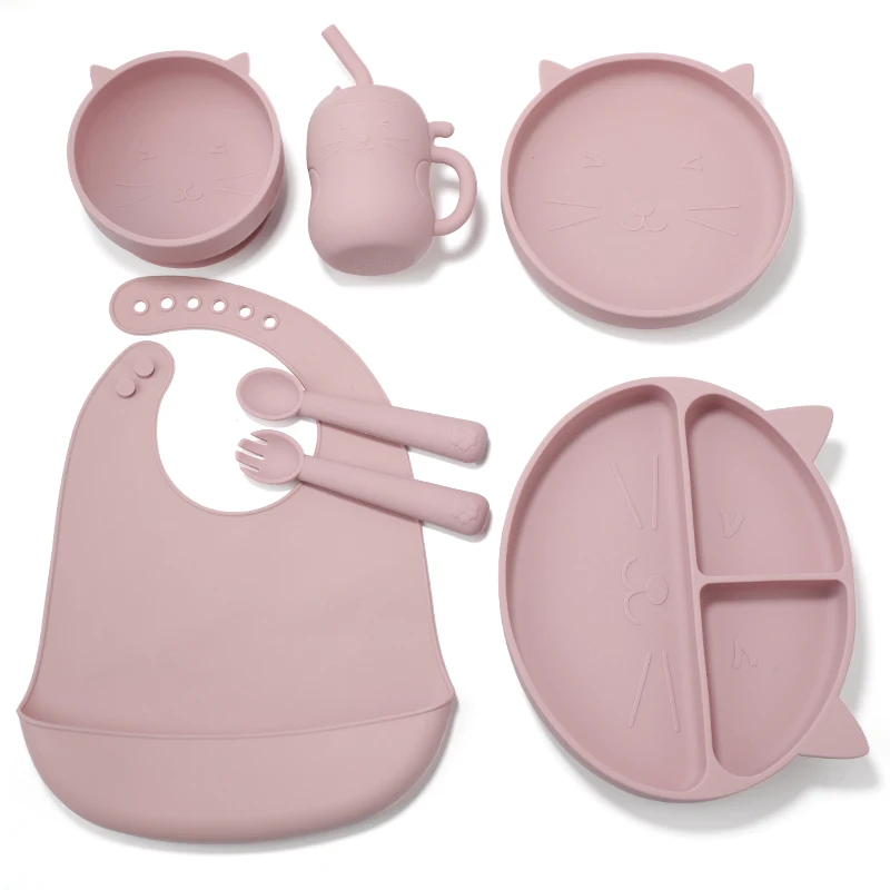 Cat Animal Food Grade Silicone Baby Feeding Set Bpa Free Plate Bowl Bib Cup Fork And Spoon Baby Feeding Dinnerware Set