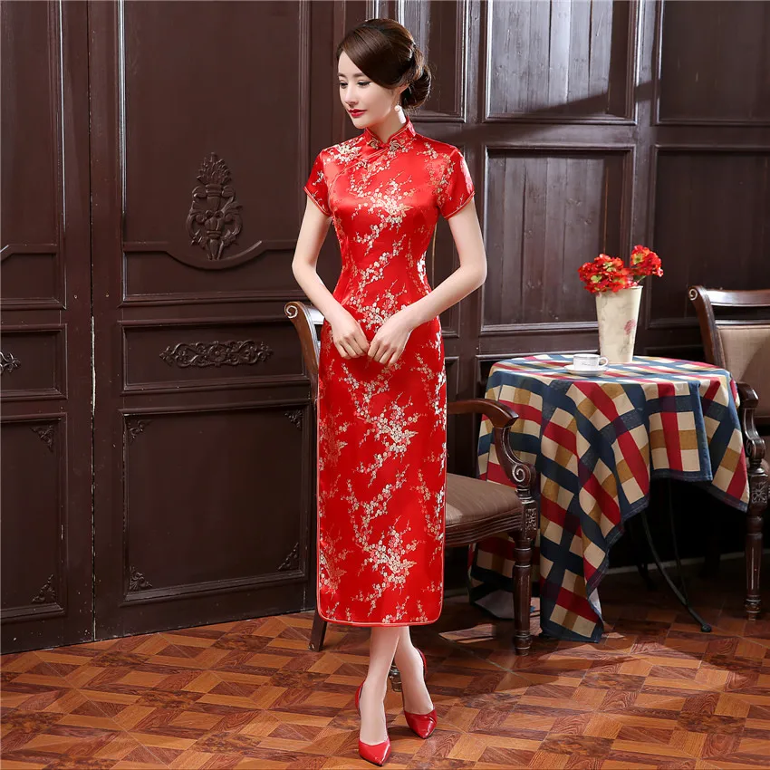 Традиционная Китайская одежда Cheongsam платье сексуальный костюм с разрезом Tang с коротким рукавом принт Длинные платья Qipao QP-003