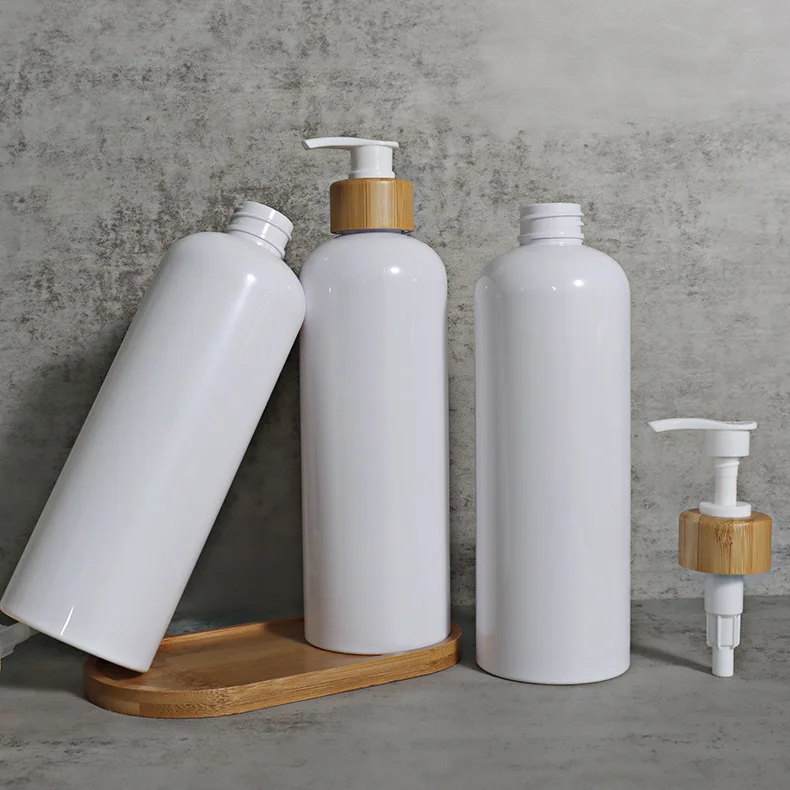 wholesale 500ml 1000ml pet white plastic spray pump bottle with nozzle Bamboo wooden lid