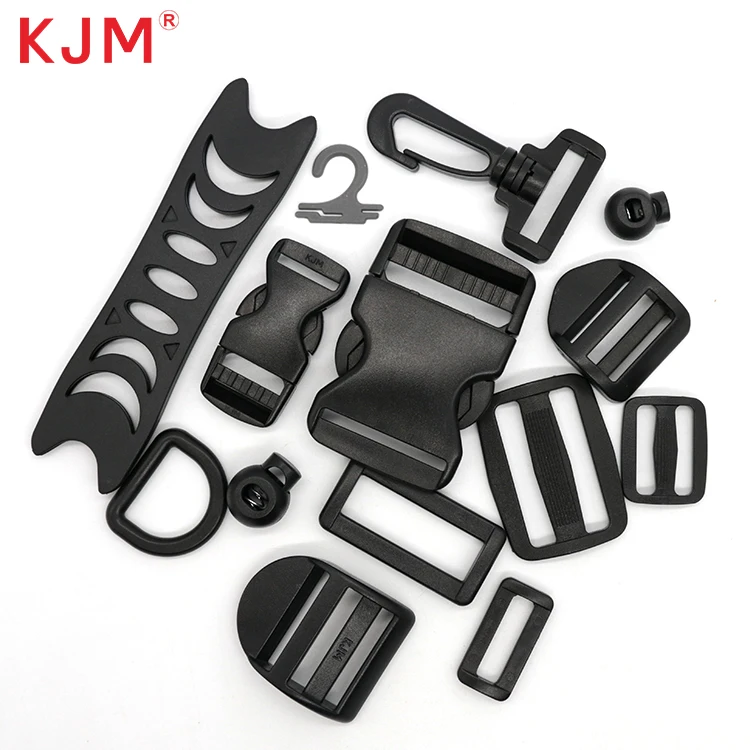 KJM Buckle Manufacturer Free Sample 1 Inch Black Pom Recycled Plastic Side Release Buckle Adjustable Tri-glide Slide and D Ring