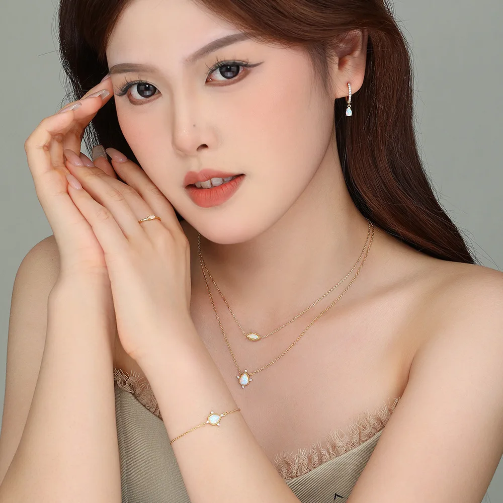 fashion jewelry 925 sterling silver water drop white opal zircon gold plated hoop earrings necklaces rings bracelets women