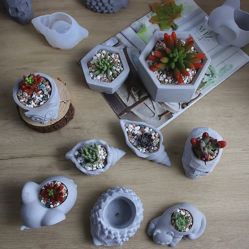Cute Elephant Owl Conch Geometric Modeling Concrete Cement Flower Pot Silicone Mold