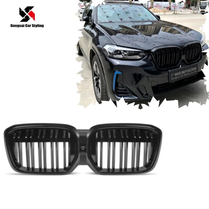 ABS Double Slat Gloss Black Center Mesh Grill Grille Front Bumper Kidney for BMW iX3 G08i 2022-IN