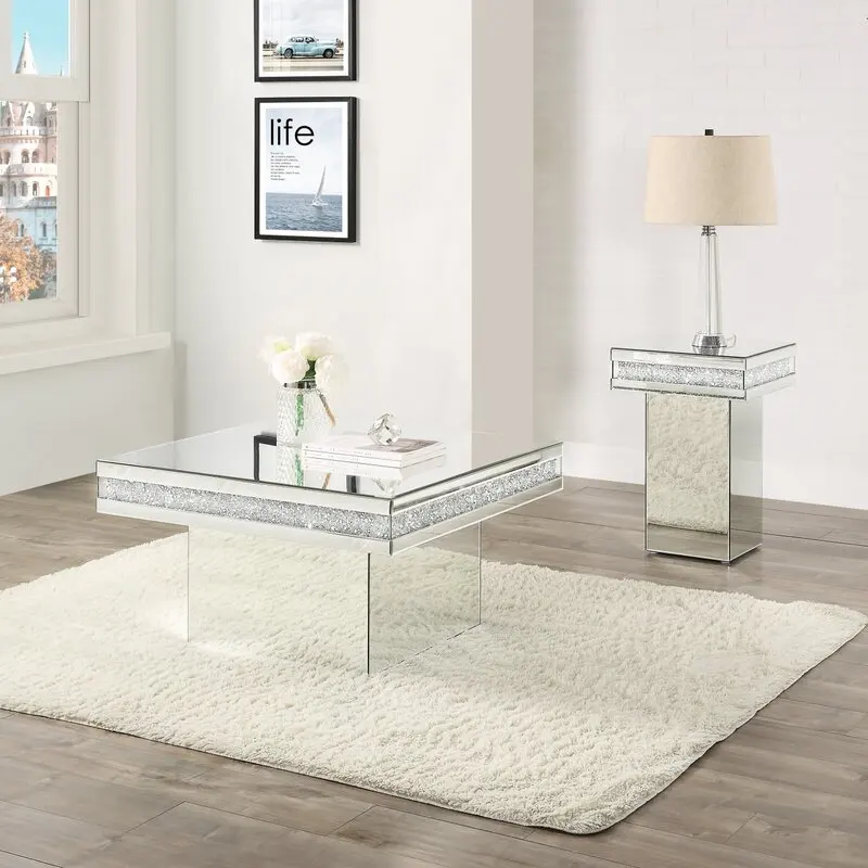 Modern luxury home decor living room furniture square crystal diamond glass mirror coffee table