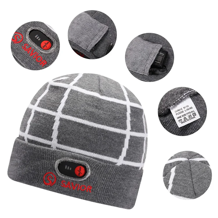 Winter Outdoor Thermal Heat Heating Cap Grey Knitted Heated Beanie Winter Hats For Men And Women