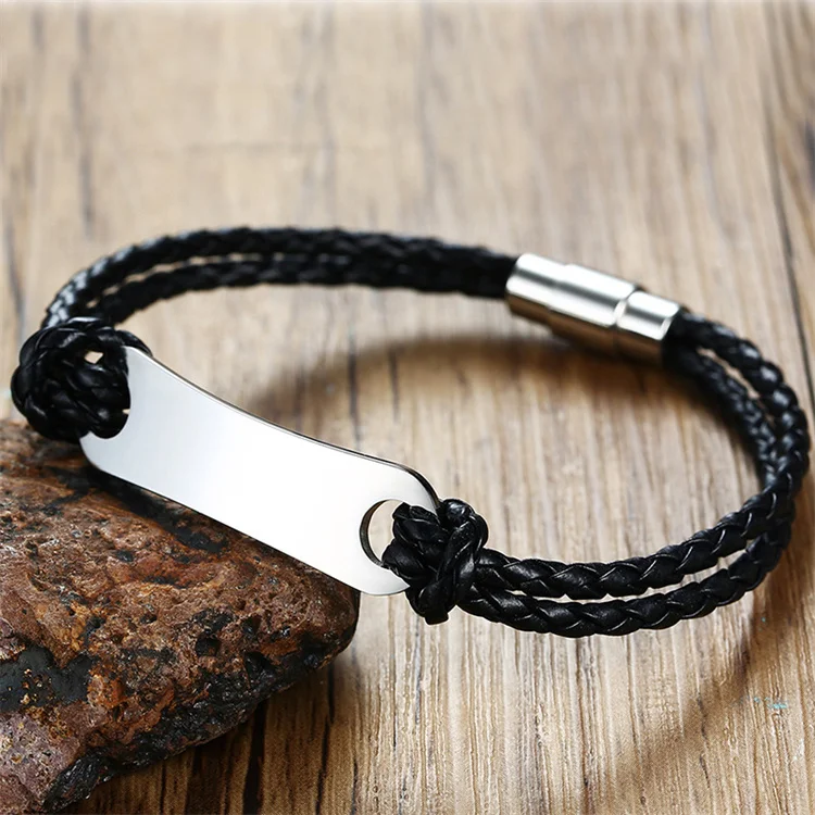 Men leather magnet bracelets stainless steel custom engraving  bar bracelet