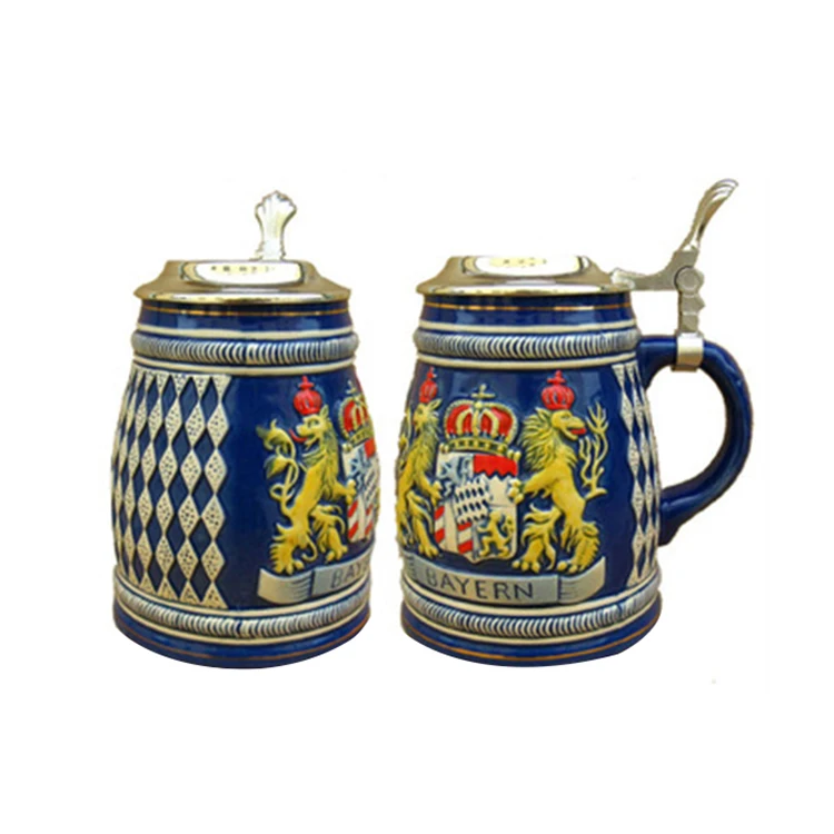 High Quality German Style Souvenir Ceramic Beer  mug with lid for wholesale