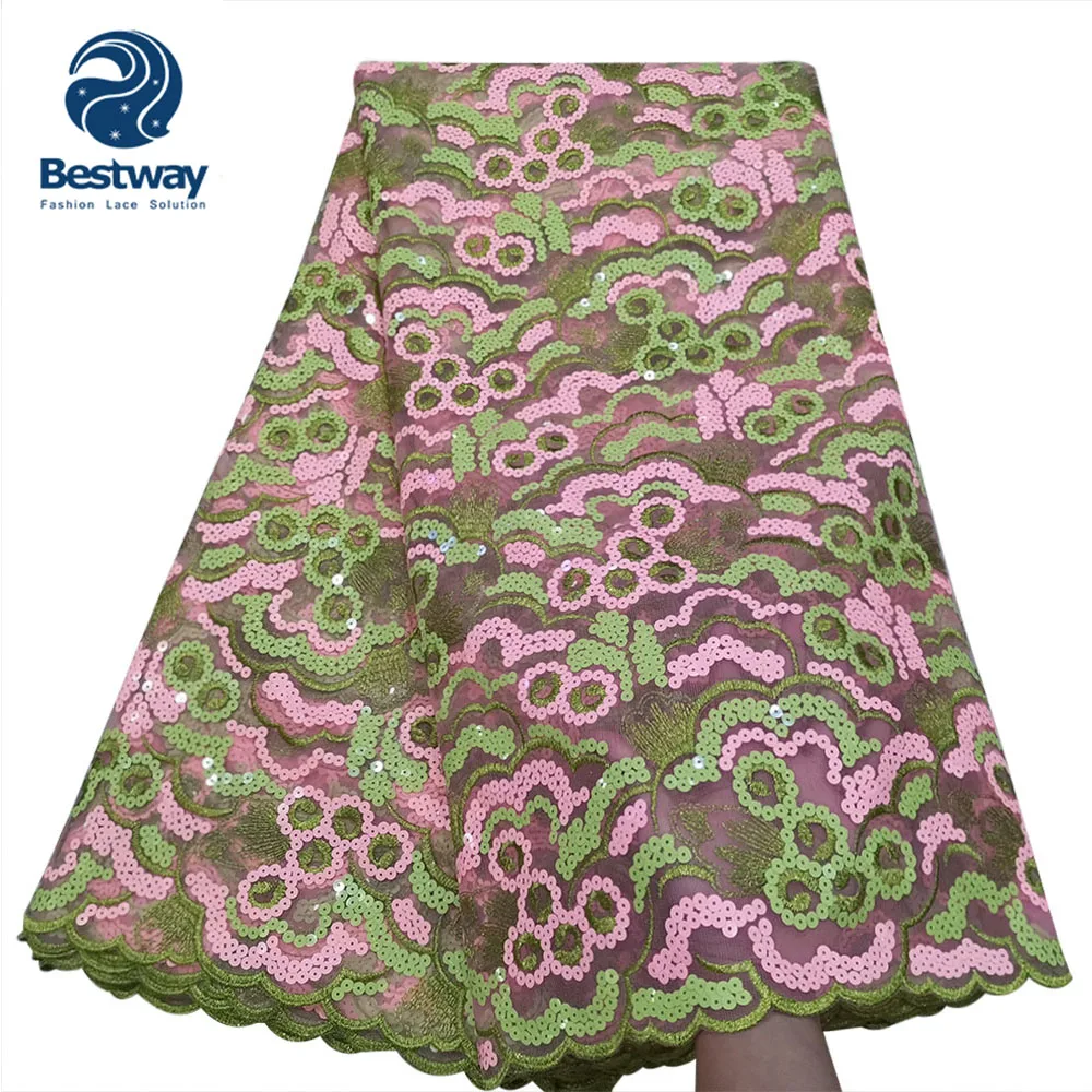 Bestway Sequined Lace Net Fabrics Nigerian Embroidered Lace Fabric for Party Dress
