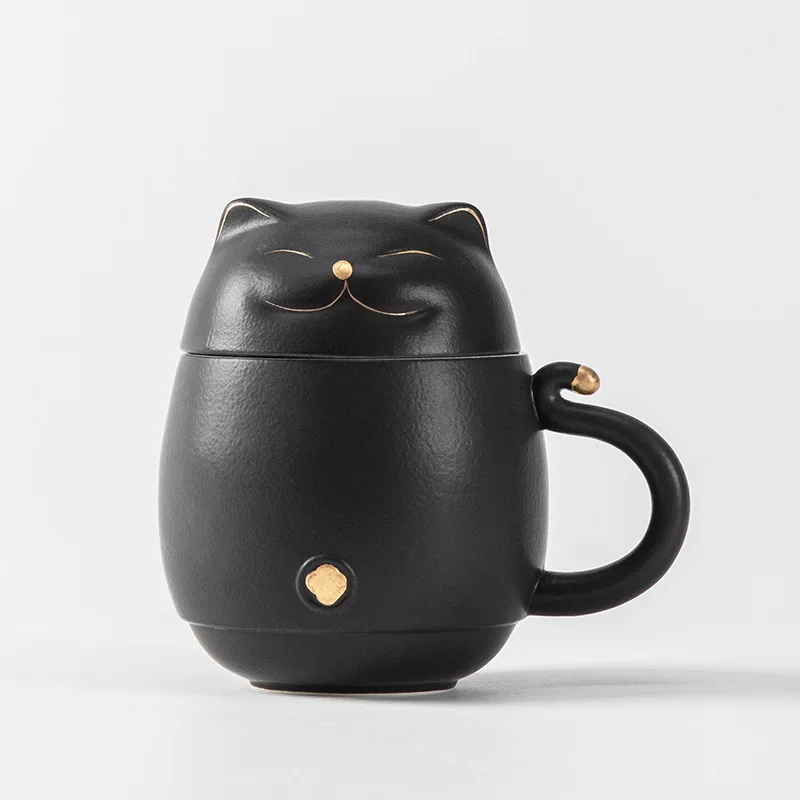 Ceramic Lucky Cat Travel Tea Mug with infuser and Lid