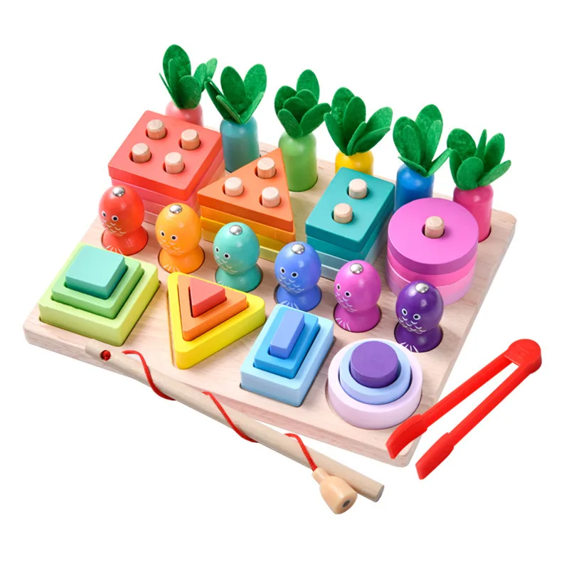 Wooden four in one fishing geometry intelligence shapes matching blocks educational toys for kids Montessori teaching aids 2024