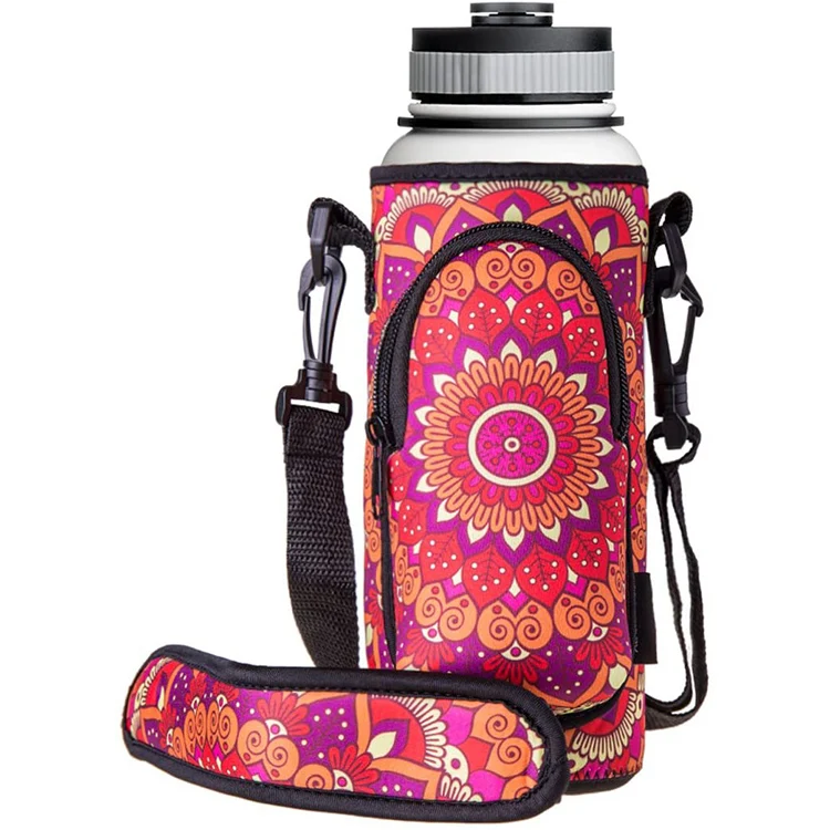 Manufacturer Adjustable Strap Neoprene Water Bottle Carrier Sleeve Pouch Cup Holder Sling Bag With Zipper Phone Pocket