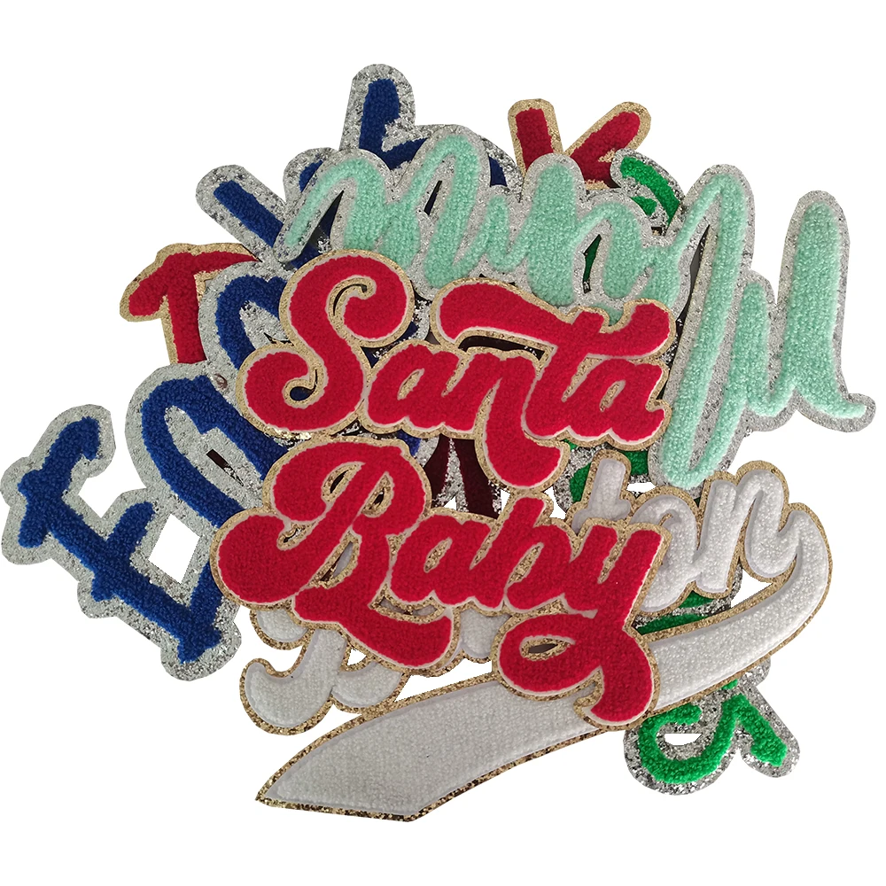 Custom Logo Glitter Cartoon Bear Embroidery Patches Sequin Heart Stick On Chenille Patches For Jeans