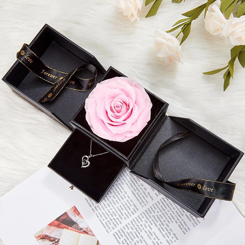 UO Luxury Jewelry Box For Rings / Necklaces / Bracelets Eternally Preserved Real Roses with I Love You Necklace in 100 Languages