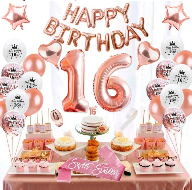 16th Birthday Party Decorations Heart Cake Topper  Birthday Sweet Rose gold Confetti Balloons 16th Birthday Party Supplies