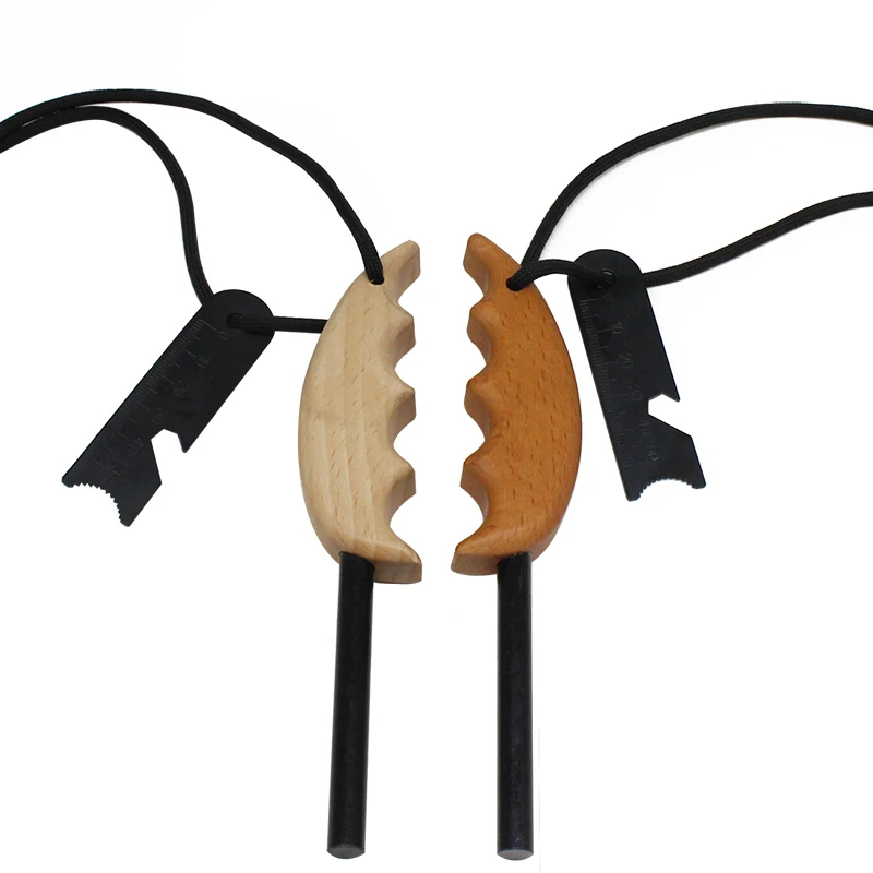 Bushcraft Gear Survival Firecord Finger Grip Wood Handle Ferrocerium Fire Starter Rod for Campfire