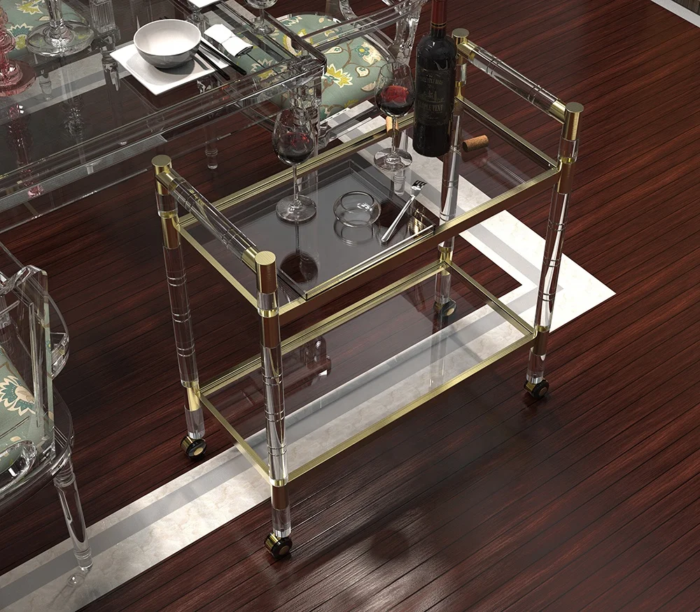 Gold Metal Clear Acrylic Trolley Cleaning Service Trolley Rolling Craft Cart For Hotel