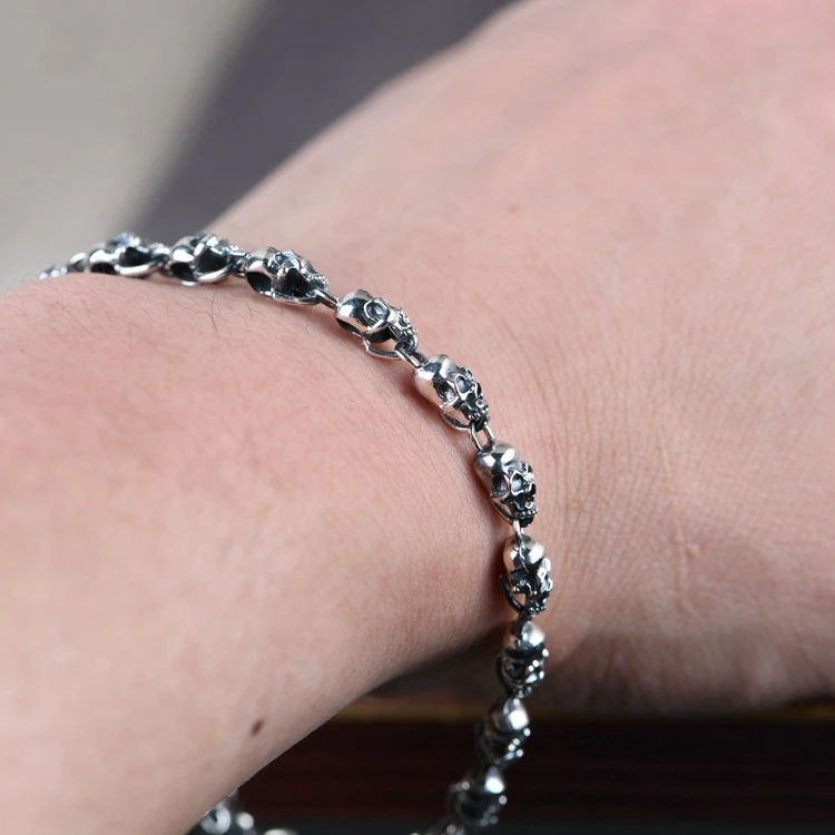 Wholesale 100% S925 sterling silver jewelry retro Thai silver hip hop Skull Bracelet for men and women