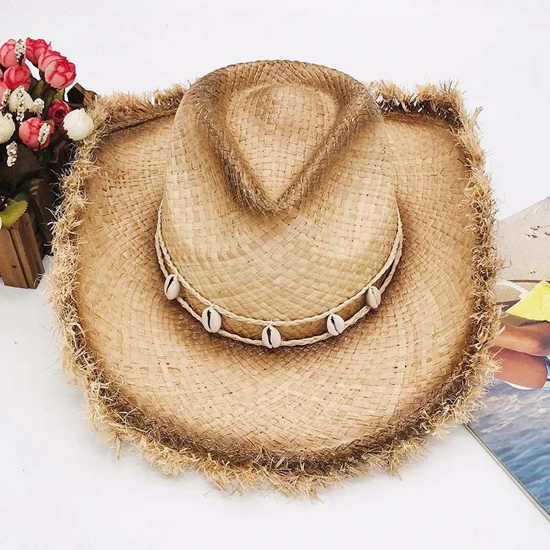 High Quality Women Wide Brim Bowknot Ribbon Cowboy straw hat Paper Flat Panama Hat Summer Sun Beach Raffia Straw Hats