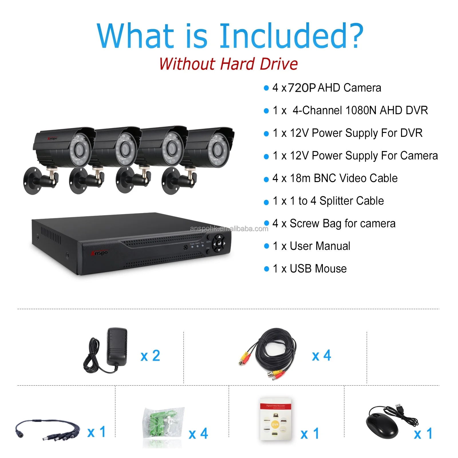 720P AHD 4CH CCTV Surveillance KIT DVR With 1.3MP AHD Camera night vison BNC cable home security CCTV system 4CH AHD Camera KIT