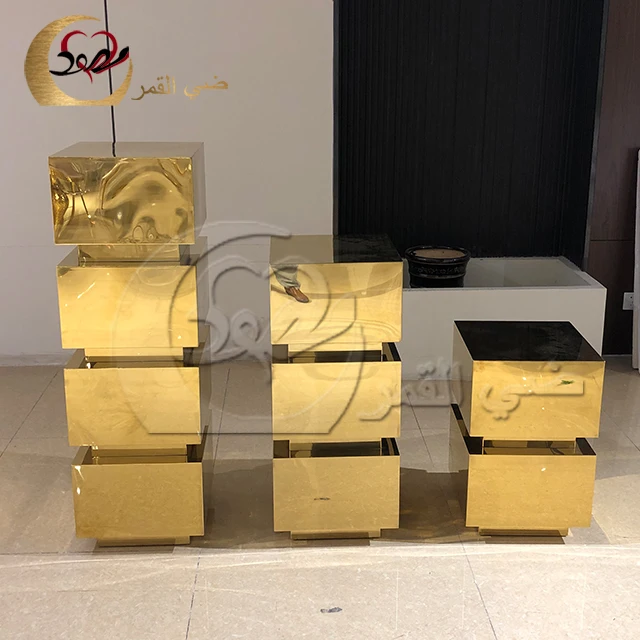 WEdding decor stainless steel cube design flower stand cylinder gold pedestal