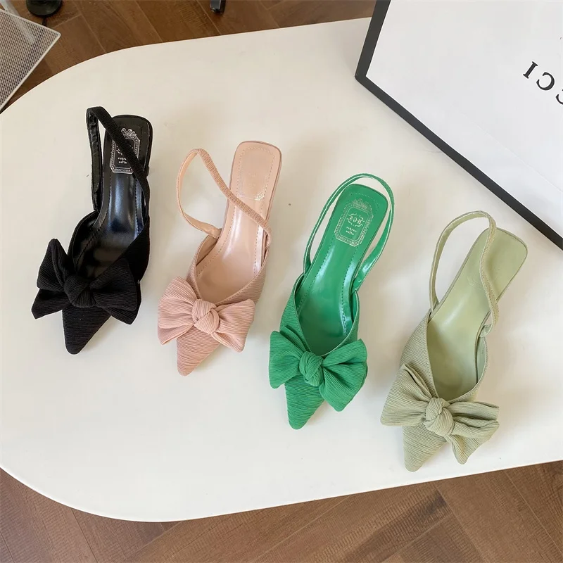 2022 ins fairy temperament net red celebrity French girl pointed bow bow back empty sandals