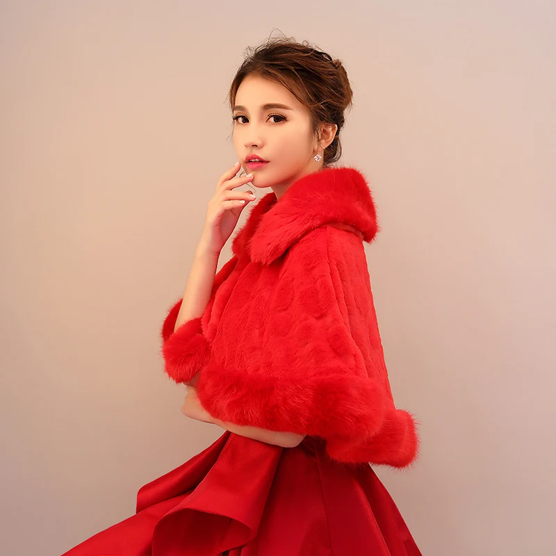 
Red short thick fur collar shawl new bride wedding accessories wholesale hot winter new plush shawl 