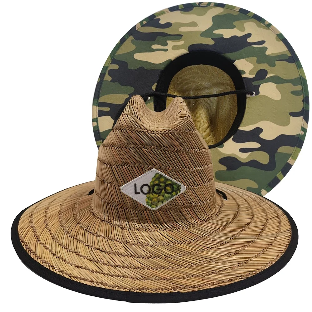 Custom embroidered logo men women wide brim print natural grass woven summer beach lifeguard safari surf fishing straw sun hat