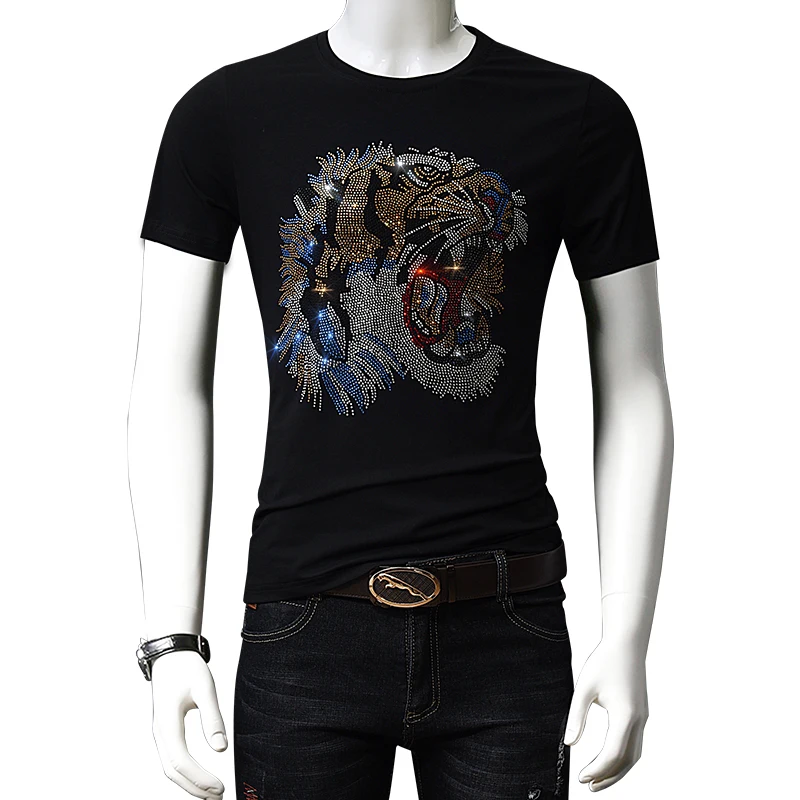 Custom 100% cotton slim fit graphic designer t shirts streetwear rhinestone t shirts for men luxury