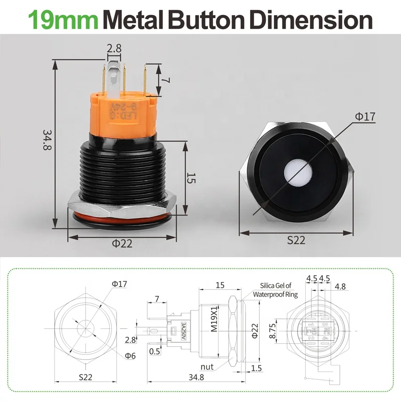 LANBOO 19mm 3A 3v 5v 12v Metal Alumina Black Self Locking or Momentary 1NO1NC IP67 Waterproof Push Button Switch