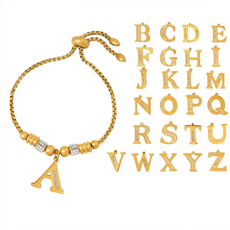 New Arrival Wholesale Custom Name Female Personality Stainless Steel Zircon A-Z 26 Alphabet Initial Letter Bracelet With Beads