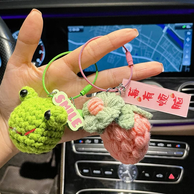 2022 Wholesale Schoolbag Woven Chain Key Frog Peanut Strawberry Persimmon Wool Hook Pendant Chain Key Plush Handmade Chain Key